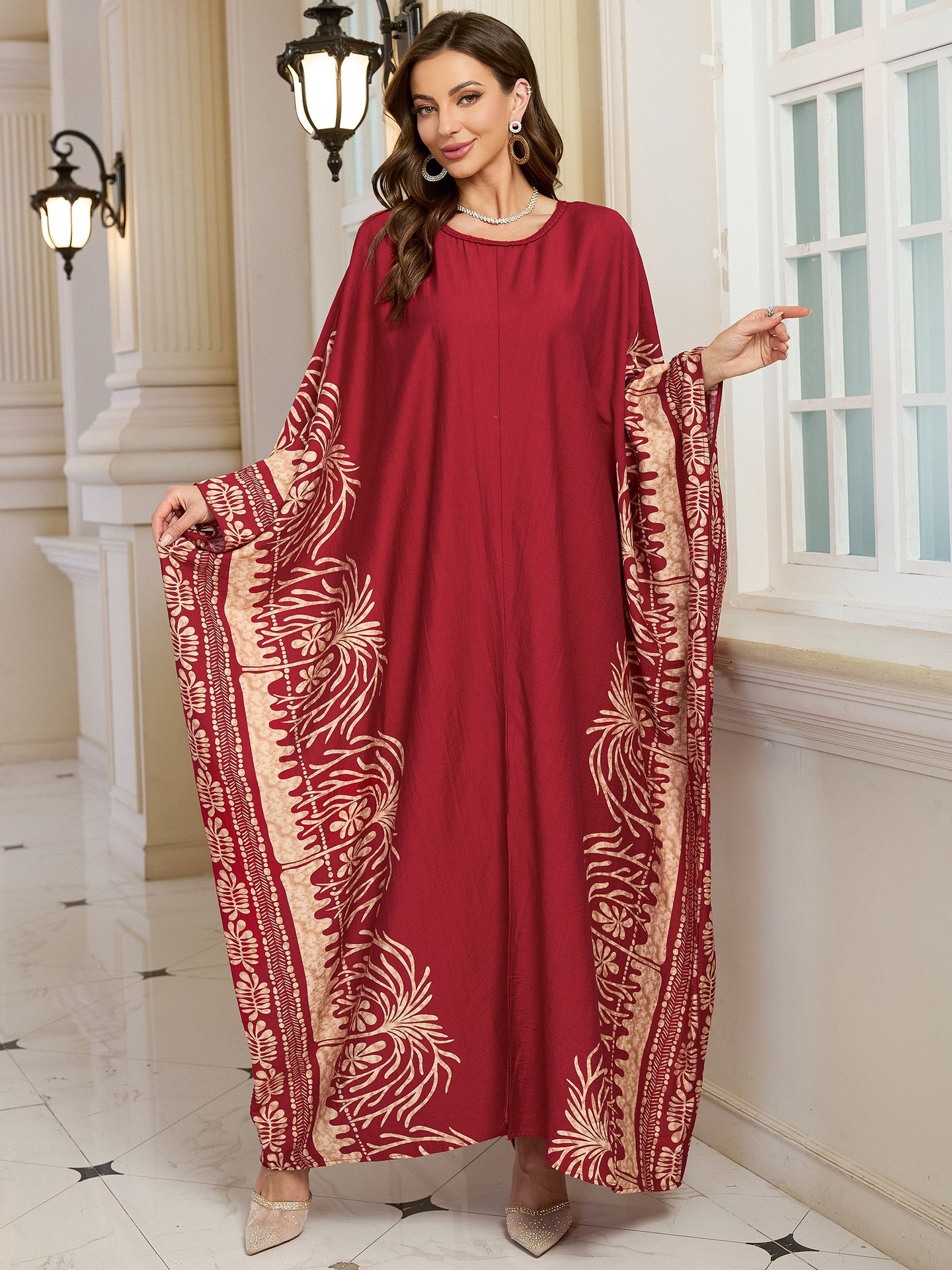 Geometric Pattern Kaftan Maxi Dress with Long Batwing Sleeves for Beach Cover Up